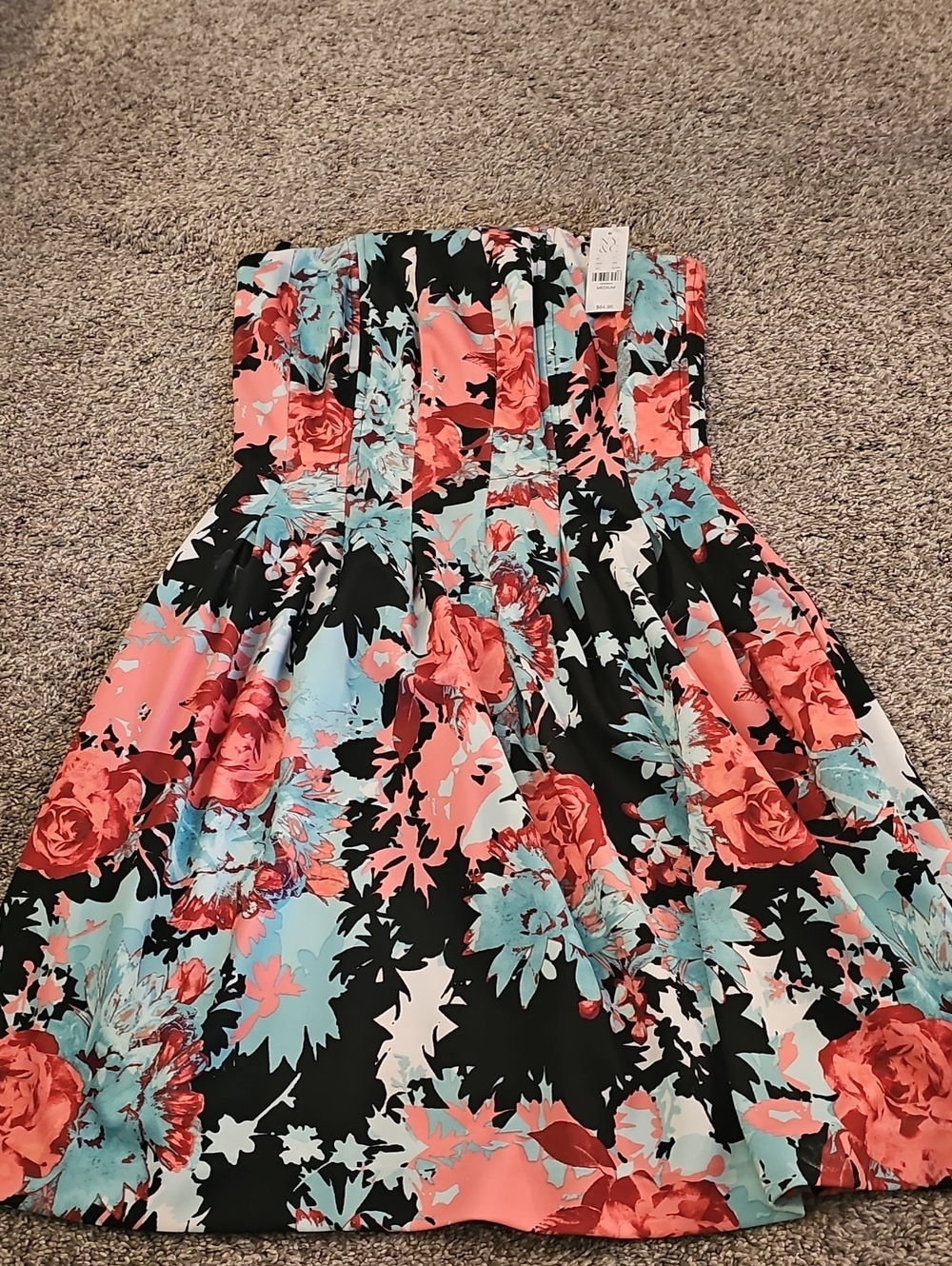 Strapless Party Dress in Black, Coral & Aqua